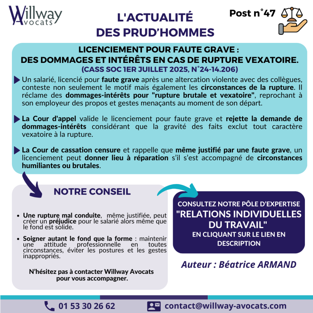 Licenciement pour faute grave : des dommages et intérêts en cas de rupture vexatoire. 