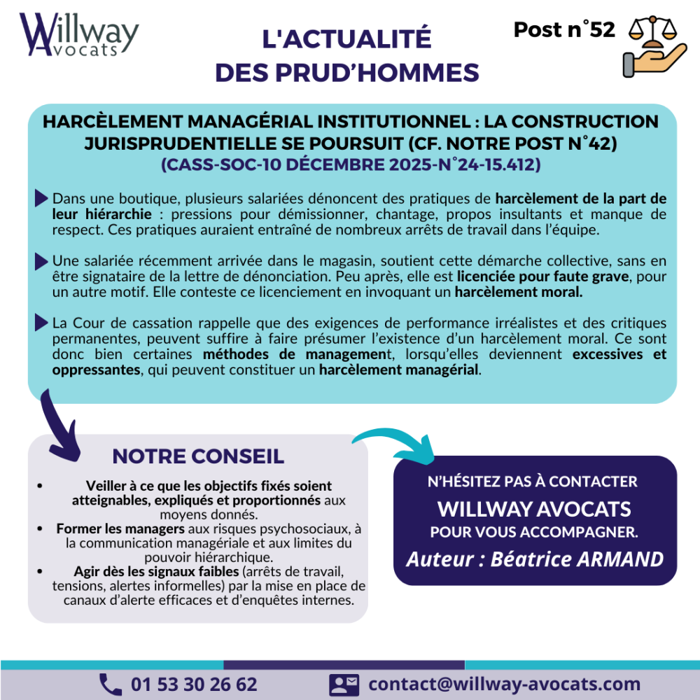 Harcèlement managérial institutionnel : la construction jurisprudentielle se poursuit (CF. Notre post n°42)