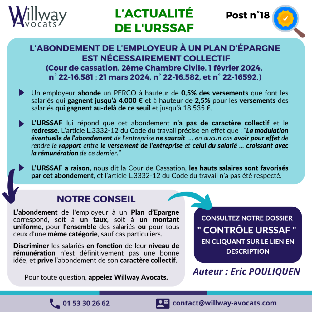 L’abondement de l’employeur à un plan d’épargne est nécessairement collectif