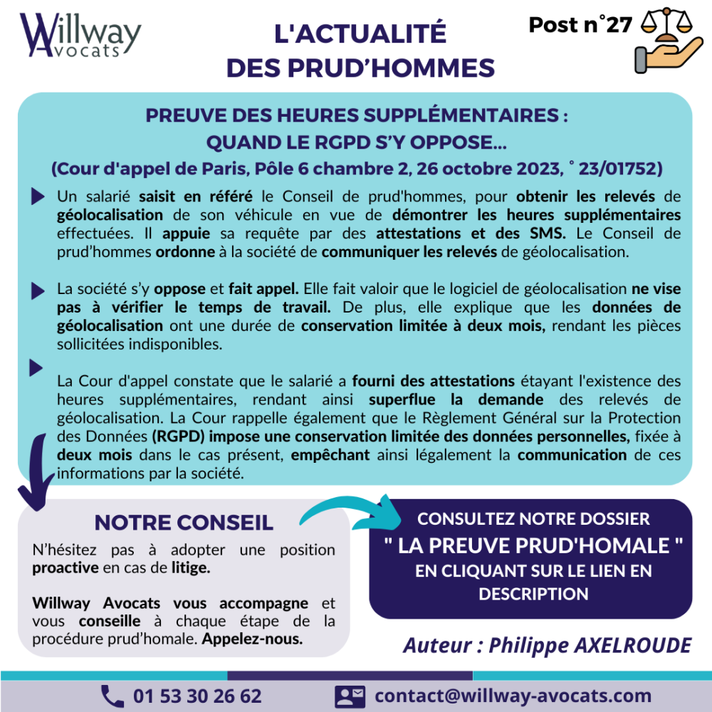 Preuve des heures supplémentaires : quand le RGPD s’y oppose...
