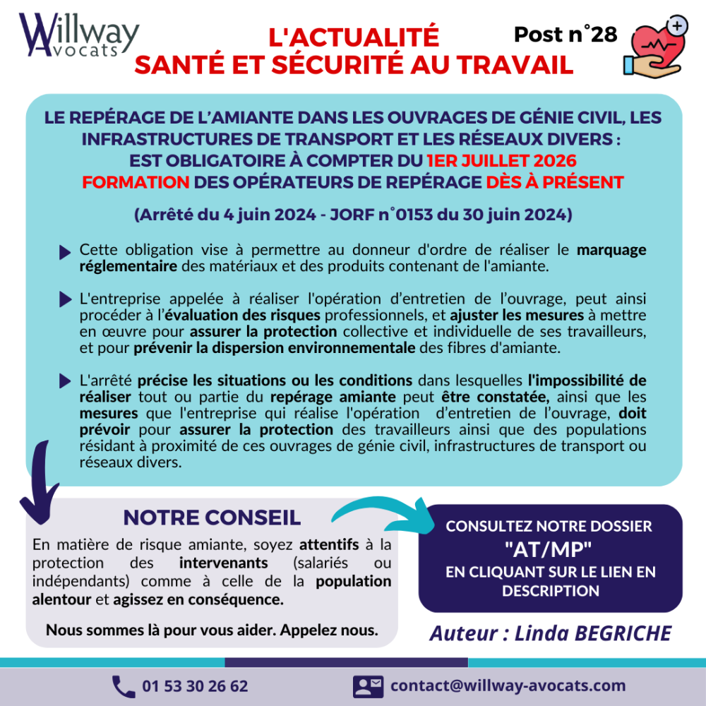 Le repérage de l’amiante dans les ouvrages de génie civil, les infrastructures de transport et les réseaux divers : est obligatoire à compter du 1er juillet 2026 formation des opérateurs de repérage dès à présent