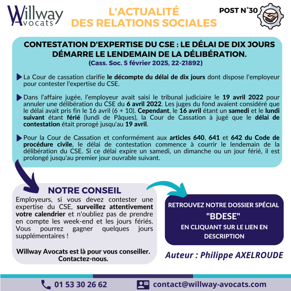 Contestation d'expertise du CSE : le délai de dix jours démarre le lendemain de la délibération.