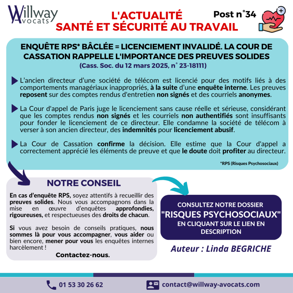 Enquête RPS* bâclée = Licenciement invalidé. La Cour de Cassation rappelle l'importance des preuves solides.