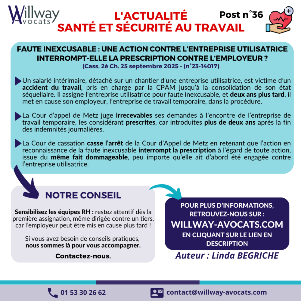 Faute inexcusable : une action contre l'entreprise utilisatrice interrompt-elle la prescription contre l'employeur ? 