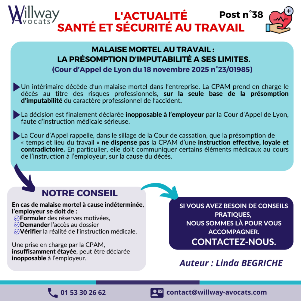 Malaise mortel au travail : la présomption d'imputabilité a ses limites.