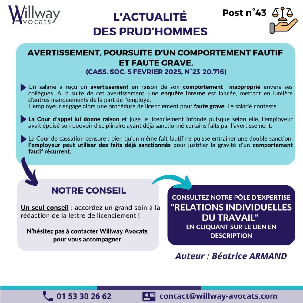 Avertissement, poursuite d'un comportement fautif et faute grave. 