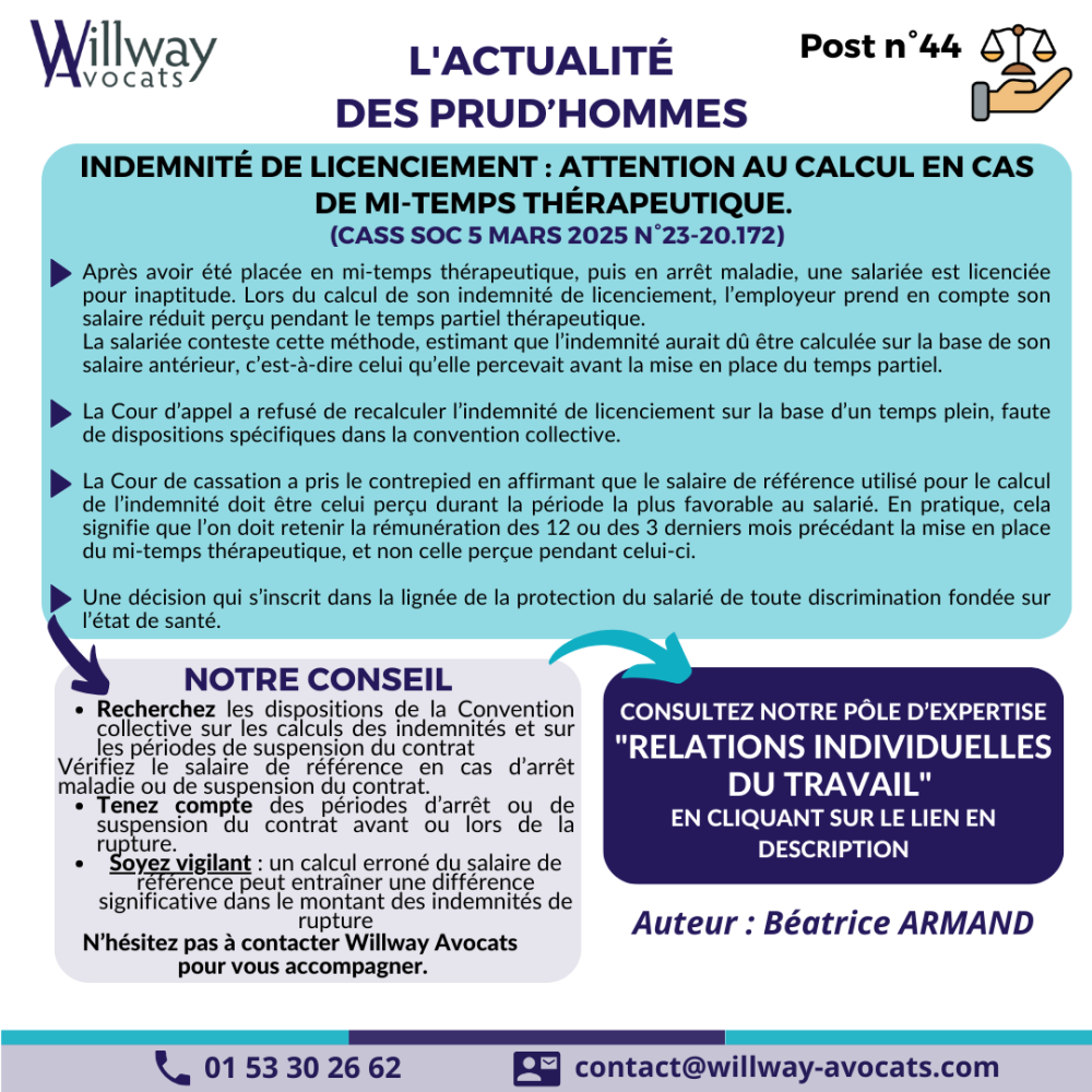 Indemnité de licenciement : attention au calcul en cas de mi-temps thérapeutique.