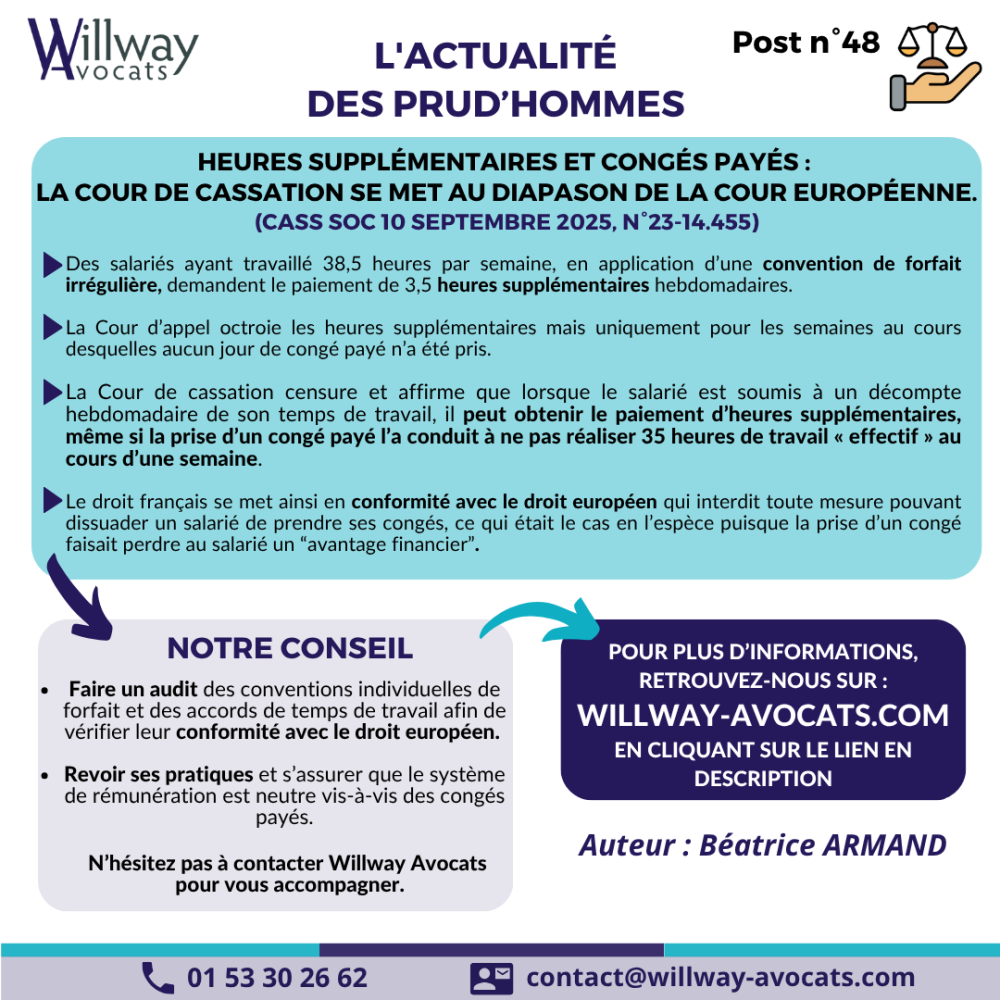Heures supplémentaires et congés payés : la Cour de Cassation se met au diapason de la Cour Européenne