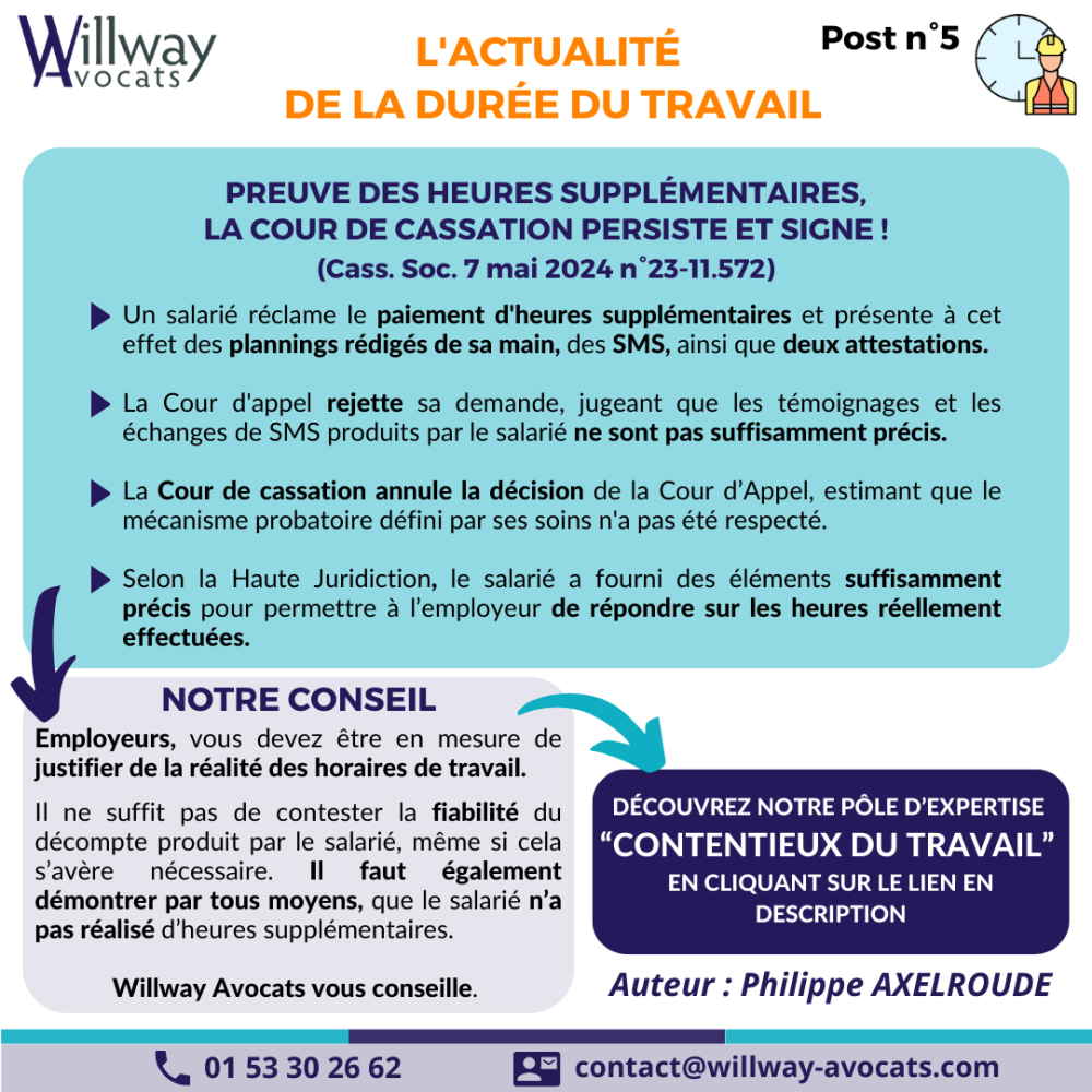Preuve des heures supplémentaires, la Cour de cassation persiste et signe !